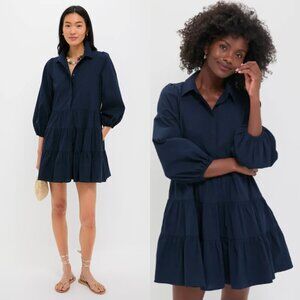 Pomander Place Navy Balloon Sleeve Tiered Mabel Cotton Mini Dress Size S